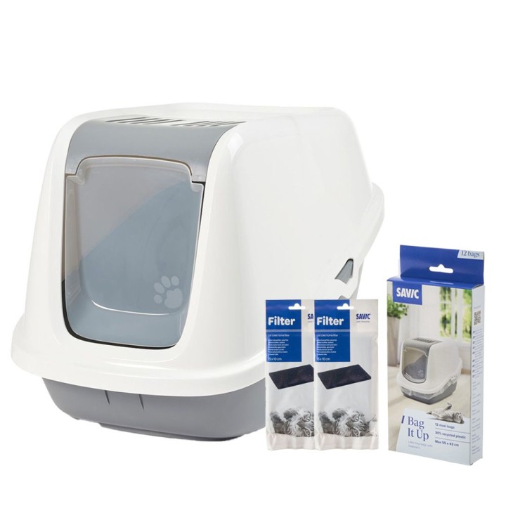 Savic Katzentoilette Nestor - Starterset: Toilette grau/weiß + 2 Filter + 12 Bag it up