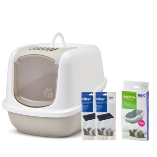 Savic Katzentoilette Nestor Jumbo - Toilette mocca/weiß + 2 extra Filter + 6 Bag it up