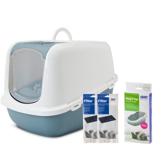 Savic Katzentoilette Nestor Jumbo - Toilette blaustein/weiß + 2 extra Filter + 6 Bag it up