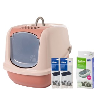 Savic Katzentoilette Nestor Jumbo - Toilette champagner rosa/ toskana rot + 2 extra Filter + 6 Bag it up