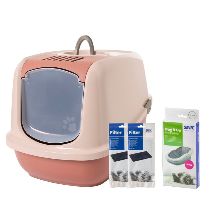 Savic Katzentoilette Nestor Jumbo - Toilette champagner rosa/ toskana rot + 2 extra Filter + 6 Bag it up