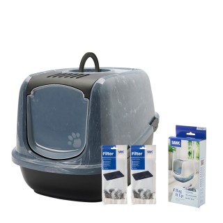 Savic Katzentoilette Nestor Jumbo Marble - Starterset: Toilette schwarzer Marmor + 2 extra Filter + 6 Bag it up