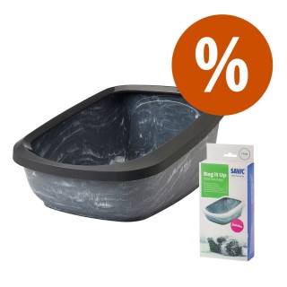 Savic Katzentoilette Aseo Jumbo marble - Starterset: Toilette grau marmoriert/schwarz + 6 Bag it up