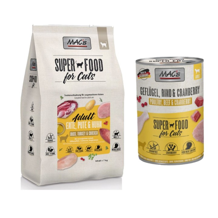 MAC´s Kombi-Paket: 12 x 400 g Nassfutter + 2 x 1,5 kg Superfood Trockenfutter   - 12 x 400 g Geflügel, Rind & Cranberry + 2 x