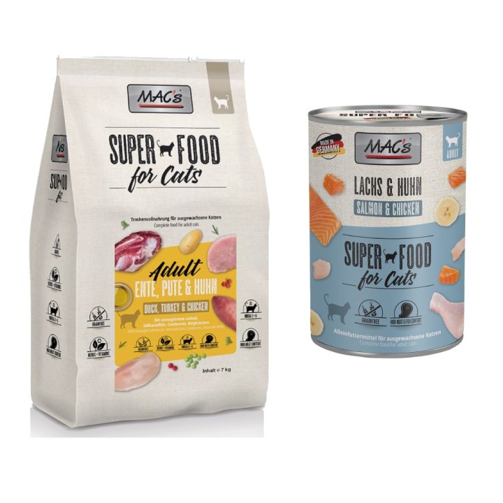MAC´s Kombi-Paket: 12 x 400 g Nassfutter + 2 x 1,5 kg Superfood Trockenfutter   - 12 x 400 g Lachs & Huhn + 2 x 1,5 kg Adult
