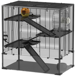 PawHut Hamsterkäfig für Zwerghamster, 4-stufiges Nagerkäfig mit Glasboden, Hütte, Laufrad, Rampen, Futterschale, Kleintierkäf