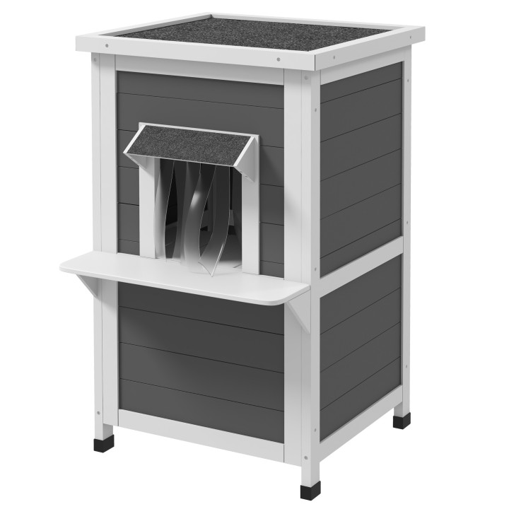 PawHut Katzenhaus Holz 2-Stöckig  Wetterbeständige Katzenhütte mit Dach, Grau & Weiß, 60x60x81,5cm  Aosom