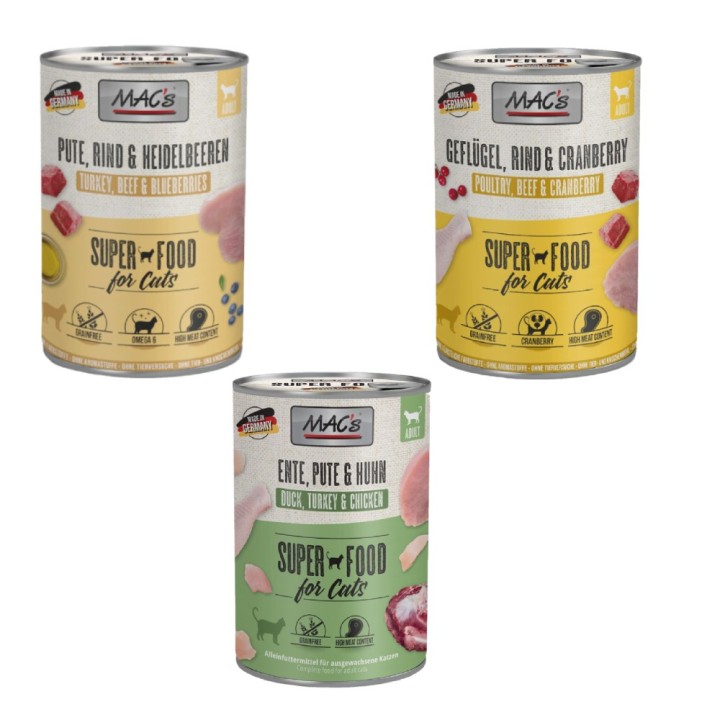 MAC´s Kombi-Paket 18 x 400 g Nassfutter - 6 x 400 g Pute, Rind & Heidelbeeren + 6 x 400 g Ente, Pute, Huhn + 6 x 400 g Geflüg