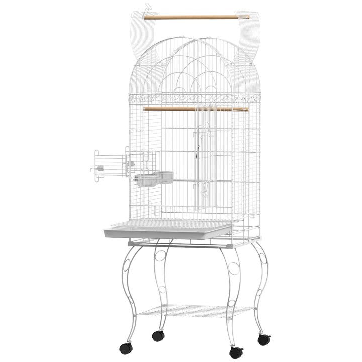 PawHut Vogelkäfig auf Rollen mit Regal, Gitter und herausnehmbarem Tablett 2 Edelstahlnäpfe, Wellensittich Sitzstange 51 x 51