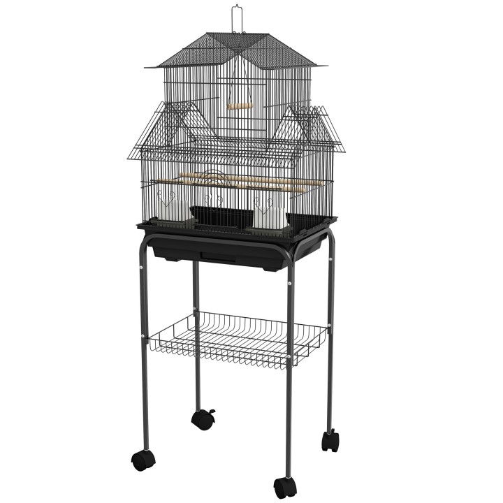 PawHut Vogelkäfig Design-Haus Futternäpfe Sitzstangen 3 Türen Kotboden abnehmbar + Griff zum Transport 50,5 x 41 x 121 cm sch