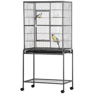 PawHut Vogelkäfig Portable mit 4 Futternäpfen und 4 Holzstangen Praktisch 77 x 47 x 163 cm Schwarz und Grau   Aosom