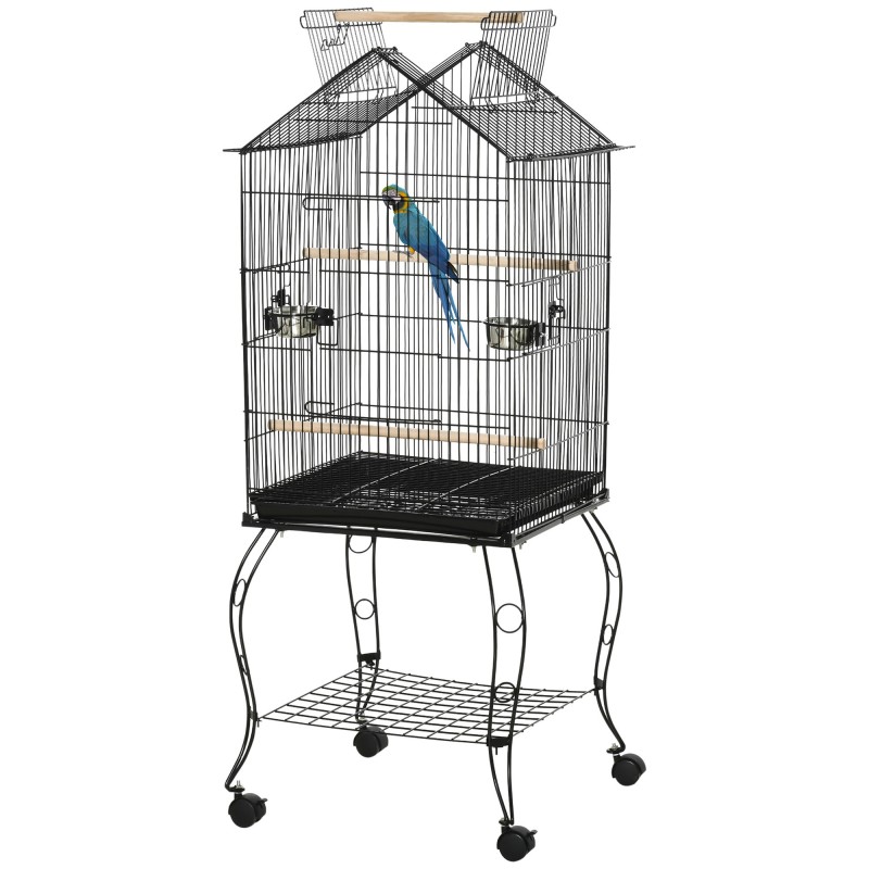 PawHut Vogelkäfig auf Ständer Voliere mit 2 Futternäpfen Sitzstangen herausnehmbarer Schale Griff und Rollen - 50 x 58 x 137-