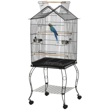PawHut Vogelkäfig auf Ständer Voliere mit 2 Futternäpfen Sitzstangen herausnehmbarer Schale Griff und Rollen - 50 x 58 x 137-
