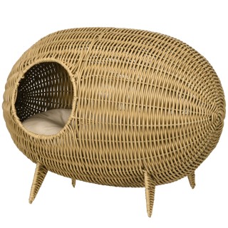 PawHut Katzenhöhle Katzenbett Katzenkorb Rattanimitat Katzenhöhle großes komfortables Kissen beige inkl. 55L x 36B x 42H cm