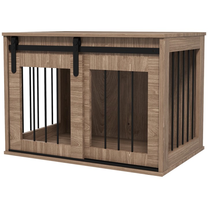 PawHut Käfig Hundehütte für Haustiere innen 1 Schiebetür, Beistelltisch, Metall Holzoptik, Maße 57H x 80L x 54B cm   Aosom