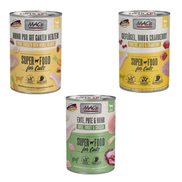 MAC´s Kombi-Paket 18 x 400 g Nassfutter - 6 x 400 g Geflügel & Cranberry  + 6 x 400 g Huhn PUR mit ganzen Geflügelherzen + 6
