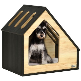 PawHut Hundehütte aus Holz  Gemütliche Indoor Katzenhöhle & Hundeschlafplatz mit Kissen, für kleine Hunde bis 8kg, 60x40x59,2