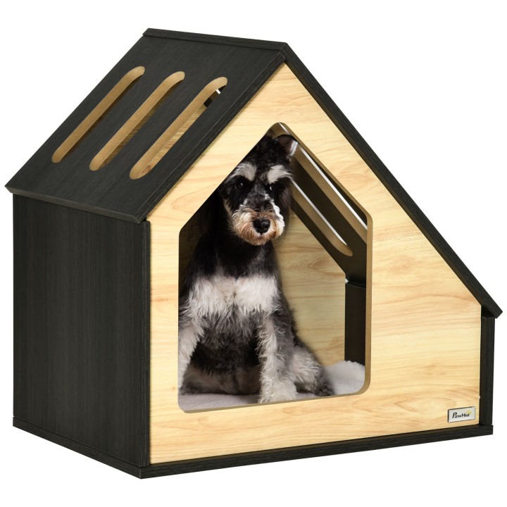 PawHut Hundehütte aus Holz  Gemütliche Indoor Katzenhöhle & Hundeschlafplatz mit Kissen, für kleine Hunde bis 8kg, 60x40x59,2