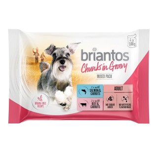 Briantos Frischebeutel Probiermix 4 x 100 g - Chunks in Gravy (Lachs & Rind)
