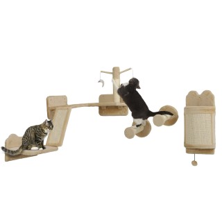 PawHut Katzen-Wandregale, Wandmöbelset für Katzen, 4-teiliges Set mit Regalen, Kratzbrettern, Sprungplattform, Teasern, Spiel