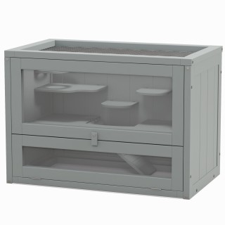 PawHut Käfig für Hamster, Mäuse, kleine Nager mit mehreren Ebenen, Rampe, Plattformen, öffnbares Dach, Drahtgitter, Tür, Grau