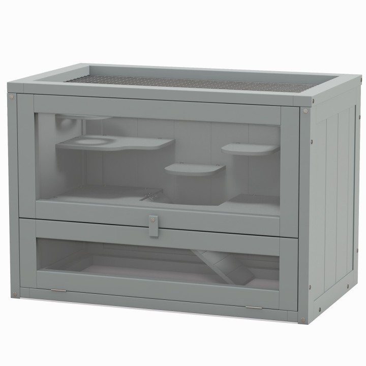 PawHut Käfig für Hamster, Mäuse, kleine Nager mit mehreren Ebenen, Rampe, Plattformen, öffnbares Dach, Drahtgitter, Tür, Grau