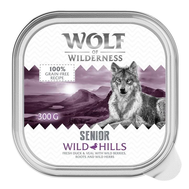 Wolf of Wilderness Senior - Duo-Protein Rezeptur 6 / 24 x 300 g Schale - 6 x 300 g: Wild Hills - Ente & Kalb
