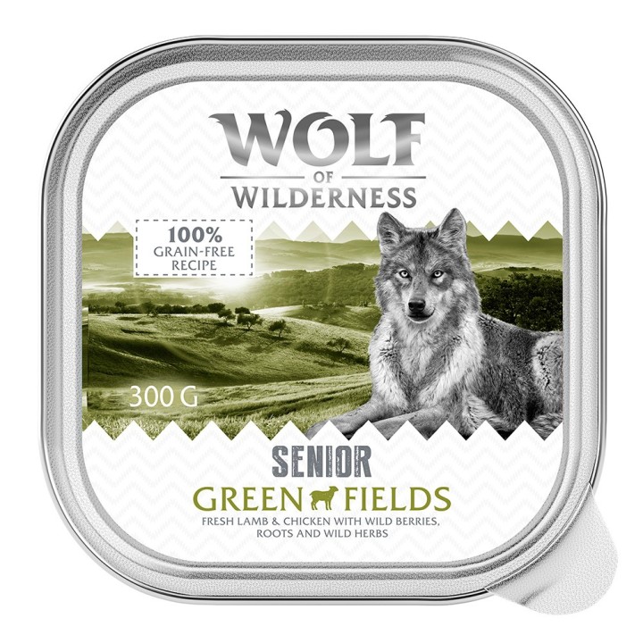 Wolf of Wilderness Senior - Duo-Protein Rezeptur 6 / 24 x 300 g Schale - 6 x 300 g: Green Fields - Lamm & Huhn