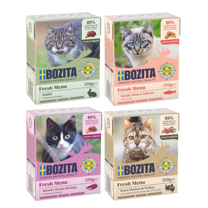 Kombi-Paket: Bozita Megapack Tetra Häppchen 48 x 370 g - Megapack 2 in Soße: Hühnchen & Pute, Kaninchen, Lachs, Garnelen