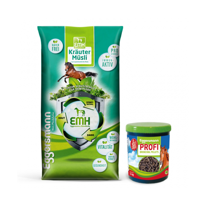 Eggersmann EMH Kräuter Müsli + Profi Bronchial Pellets Müsli und Spezielfutter für Pferde mit Atemwegserkrankun