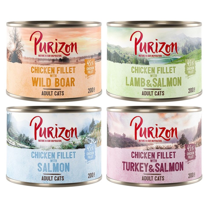 Purizon Original 24 x 200 g - getreidefrei - Mixpaket (6 x Lachs, 6 x Wildschwein, 6 x Lachs & Lamm, 6 x Pute)