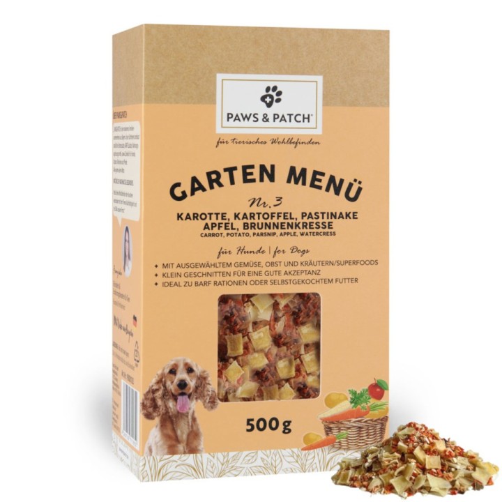 PAWS & PATCH Garten Menü für Hunde - Nr. 3: Karotte, Kartoffel, Pastinake, Apfel, Brunnenkresse (500 g)