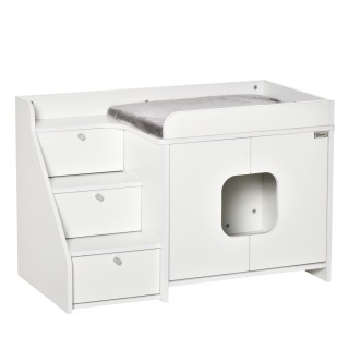 PawHut Katzenschrank für Katzentoilette verstecktes Katzenklo mit 3-Stufen Treppe Türöffnung PB-Platte Weiß 90x48x59cm für st