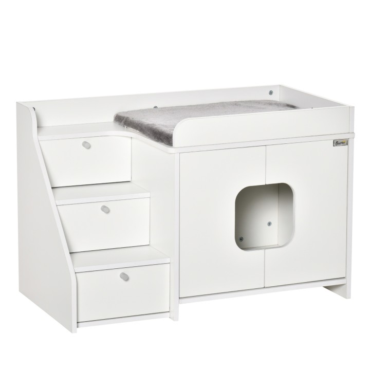 PawHut Katzenschrank für Katzentoilette verstecktes Katzenklo mit 3-Stufen Treppe Türöffnung PB-Platte Weiß 90x48x59cm für st