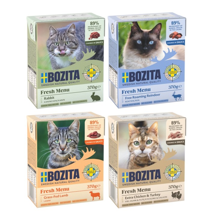 Kombi-Paket: Bozita Megapack Tetra Häppchen 48 x 370 g - Megapack 1 in Soße: Hühnchen & Pute, Kaninchen, Rentier, Lamm