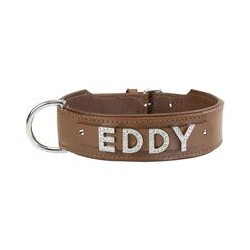 Schecker - MyName Leder-Halsband, braun [60 cm x 35 mm - Buchstabentyp: Kristall]
