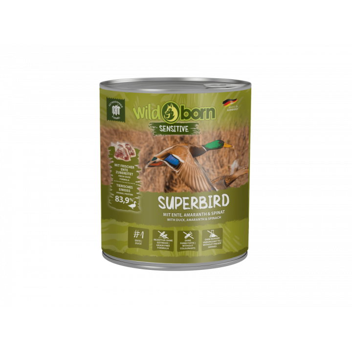 6 x 800g, WILDBORN Superbird Hundefutter mit Ente, Amaranth & Spinat