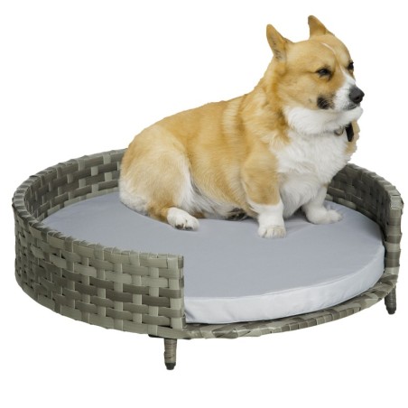 PawHut Hundebett  Komfortables Hundekorb & Katzenbett mit Kissen, Rattan, für mittelgroße/kleine Hunde, Grau, 75x75x20cm  Aos