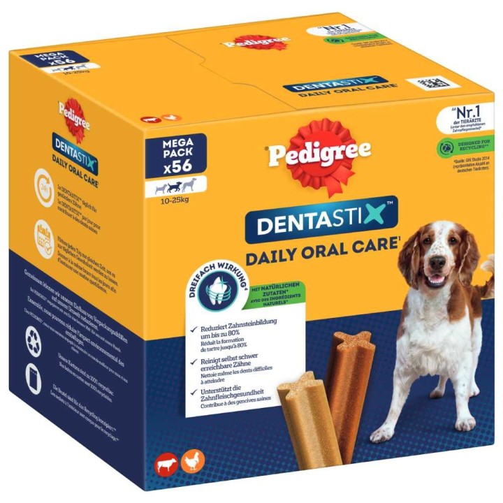 Zahnpflege Snack: Pedigree Dentastix für mittelgroße Hunde (10-25 kg) - Multipack (56 Stück) für mittelgroße Hunde (10-25 kg)