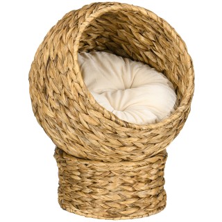 PawHut Rattan Katzenkorb Katzenbett mit Kissen 42x33x52cm aus Wasserhyazinthe, bequem & hellbraun für Katzen   Aosom.de