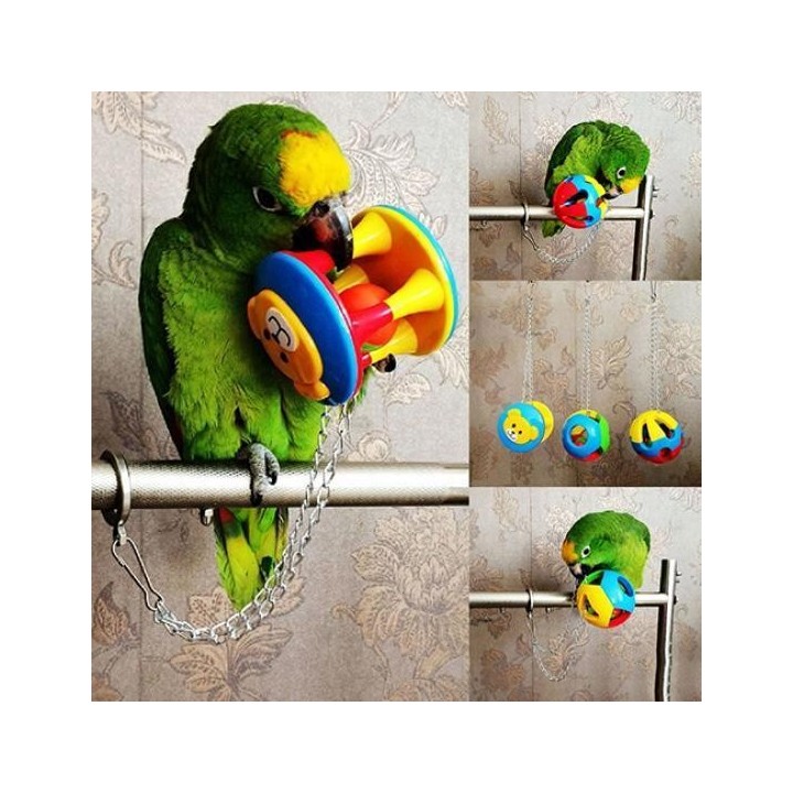 Niedliches Haustier-Vogel-Kauball-Kettenkäfigspielzeug aus Kunststoff für Papageien, Nymphensittiche, Sittiche