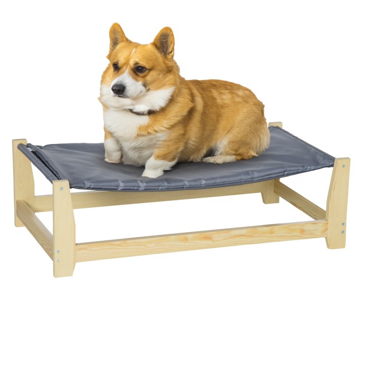 PawHut Erhöhtes Hundebett Haustierbett mit Kissen 90x50x28cm für drinnen & draußen in Natur und Hellgrau   Aosom.de