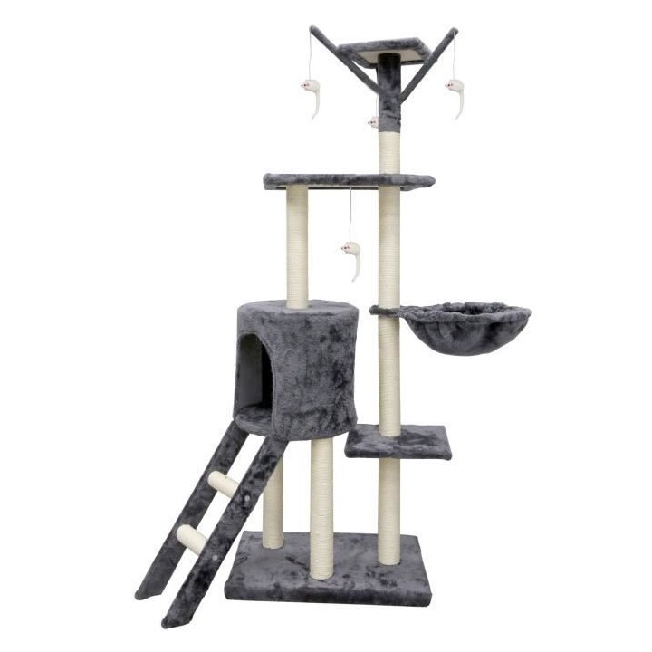 JIPSY Grauer Kratzbaum 79 x 34 x 138 cm – 3 Plattformen, 1 Sitzstange, 1 Zwinger, 1 Treppe, Kratzbäume