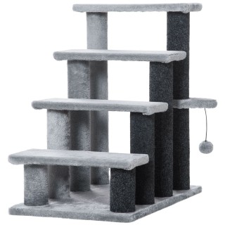 Haustiertreppe mit Kratzbaum Ball 4-stufige Katzentreppe Hundetreppe Tiertreppe Spanplatte Plüsch Jute Grau 60 x 40 x 64 cm