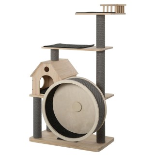 Katzenbaum mit Laufrad, 4-Stock Kratzbaum, Katzenhaus mit Sisalsäulen, Katzenhöhle, Massivholz 80 x 50 x 143 cm