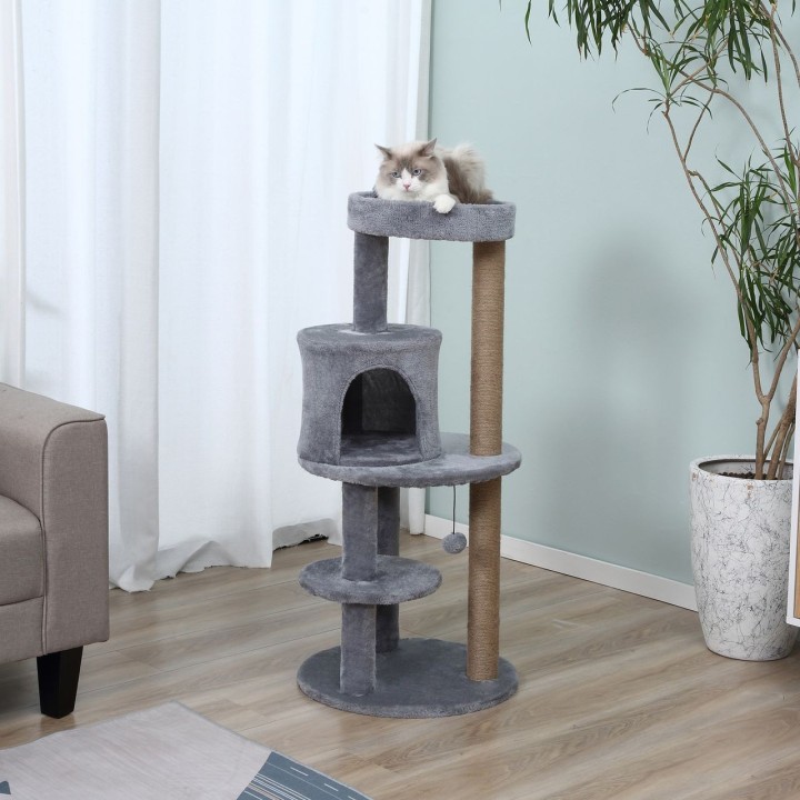 Katzenbaum 4-Stock Katzenhöhle Katzenhaus mit Spielbällen Sitzstange Sisalsäule und Kratzbrett groß stabil luxuriös Sisal Plü