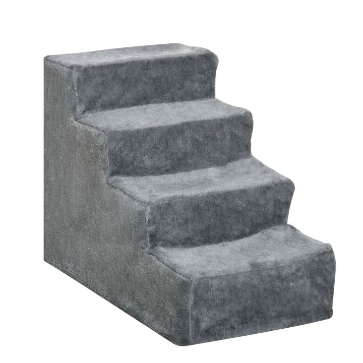 Haustiertreppe 4-stufige Hunderampe mit abnehmbarer Bezug Katzentreppe Hundetreppe Tiertreppe Spanplatte Plüsch Grau 60 x 35