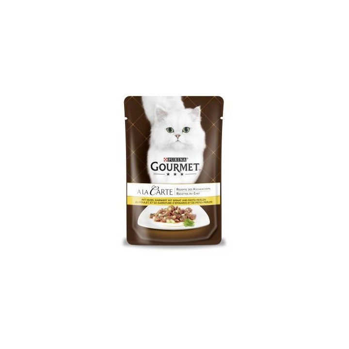 Purina Gourmet a la Carte mit Huhn garniert mit Spinat und Pasta-Perlen