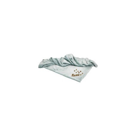 Schecker - Bestickte Mikrofaserdecke Premium [Aquablau - Pfotenspur mit Name]