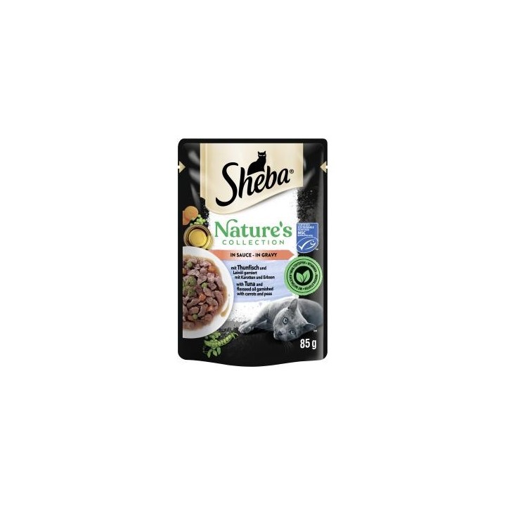 Sheba Nature's Collection in Sauce mit Thunfisch und Leinöl garniert mit Karotten und Erbsen